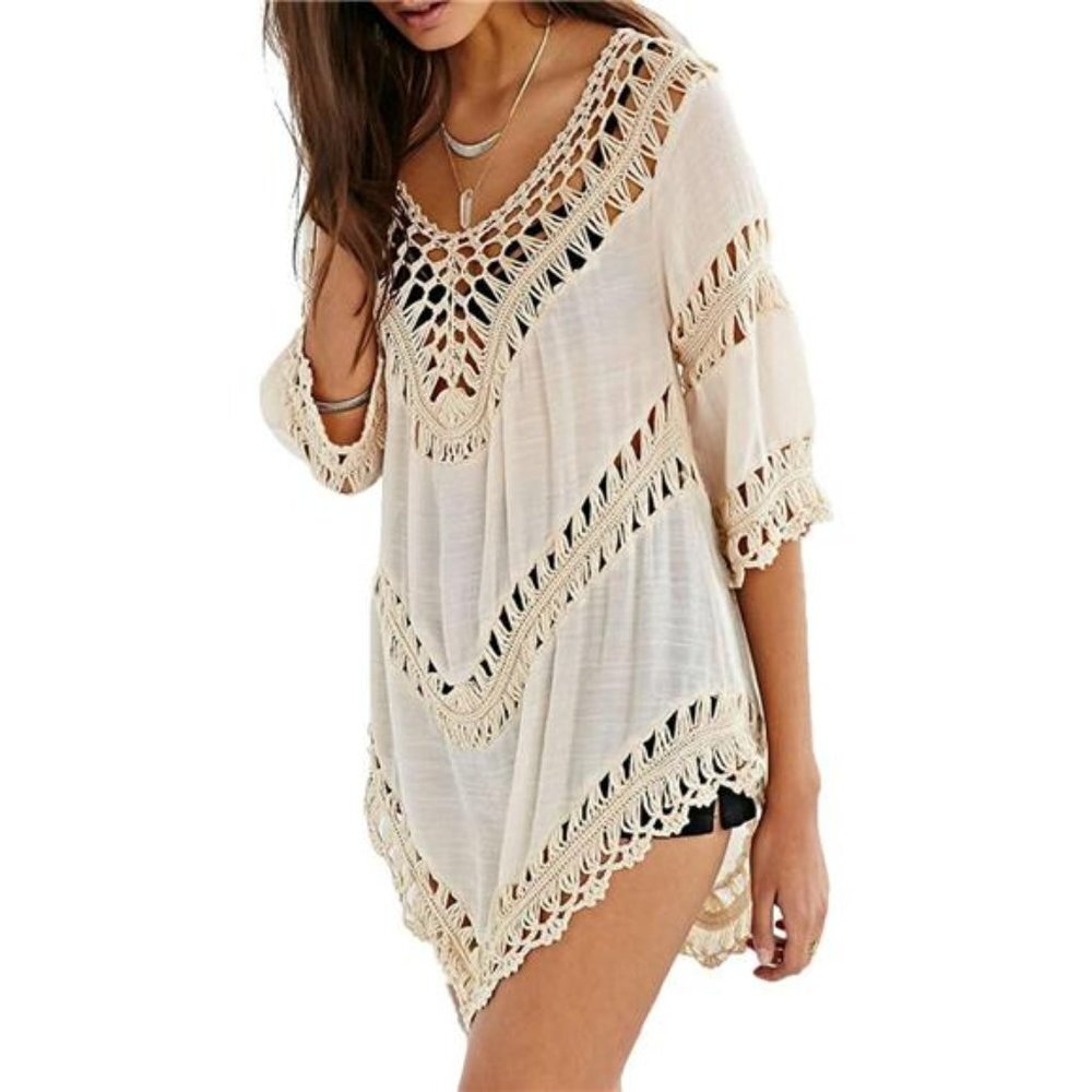 Boho Beige V-Neck Cut Out Crochet Tunic Top Blouse Shirt Beach Swimsuit Cover Up